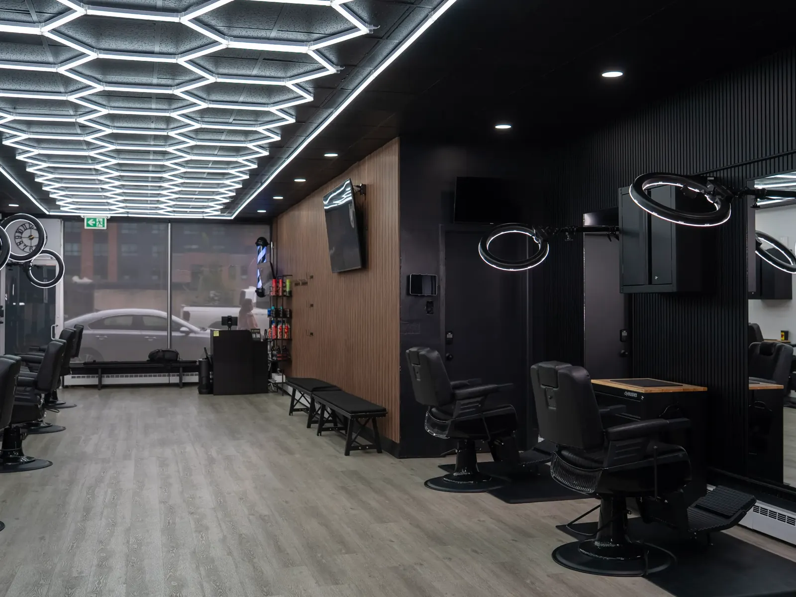 Hexagonal LED ceiling over the length of the shop