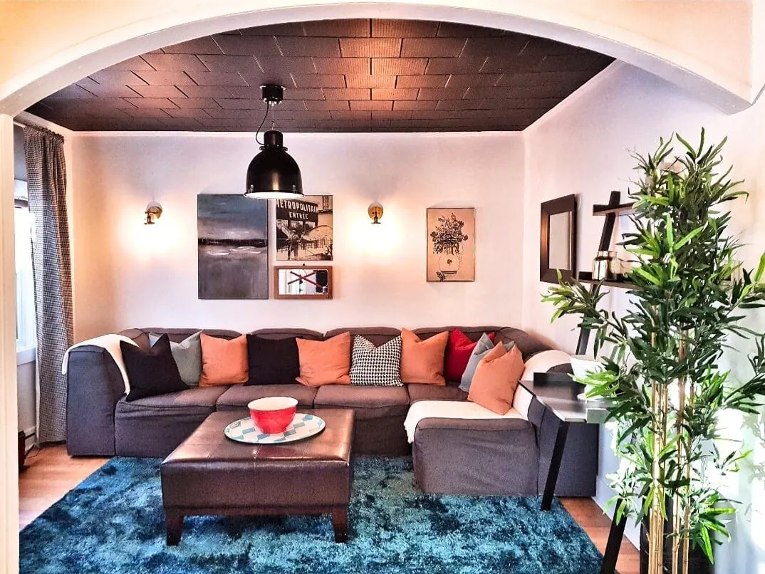 Living room with a grey sectional, orange cushions and a tall fig tree