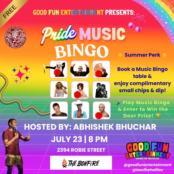 Pride Music Bingo poster from @bonfirehalifax